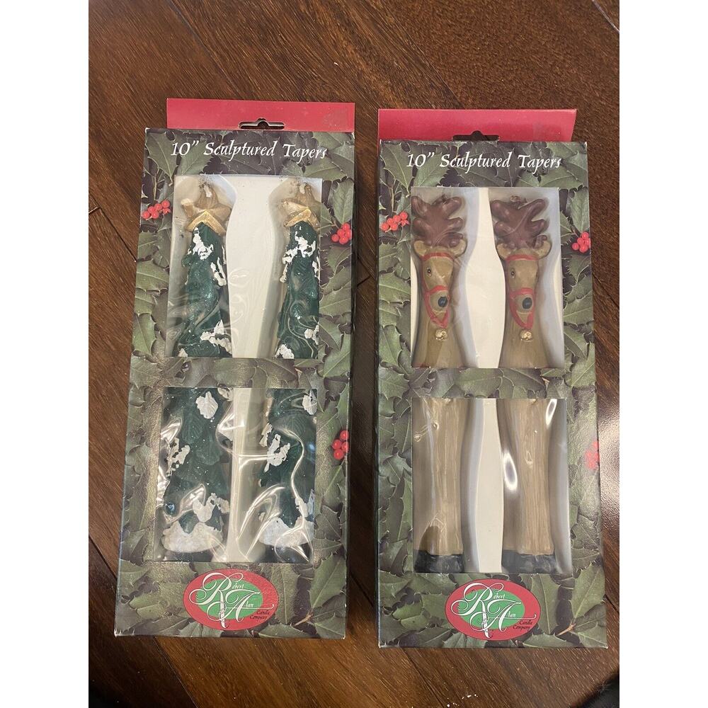 2 ROBERT ALAN Sets 10" Candles SCULPTURED Tapers CHRISTMAS TREES & REINDEER NIB